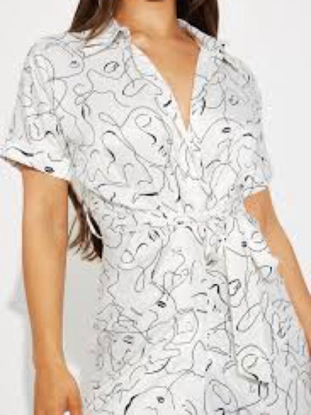 NWT White Short Sleeve Shirt Dress with Black Scribble Print